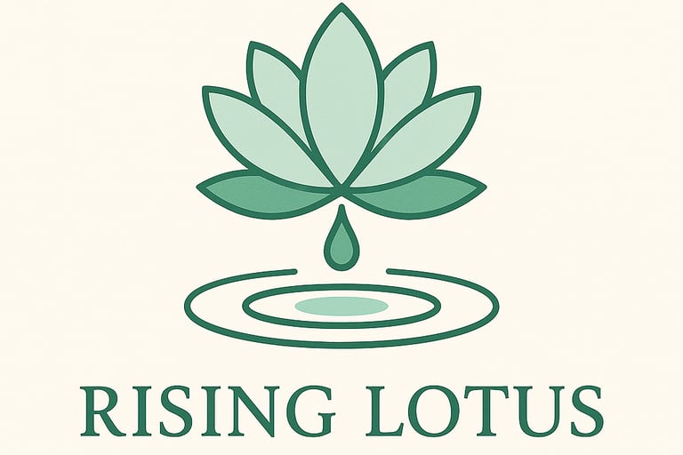 Illustration of a green lotus flower rising out water, with a drip of water that causes a ripple on a cream background