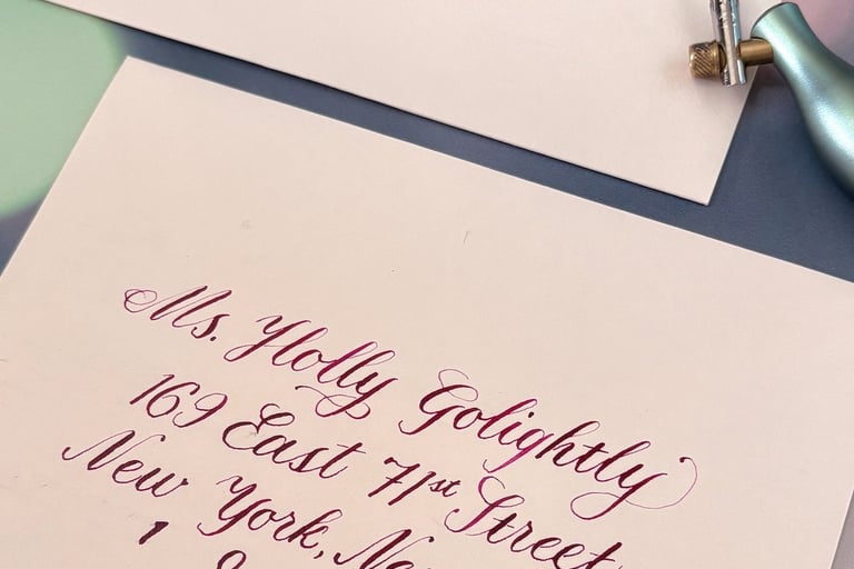 light pink envelopes with addresses written using a calligraphy script