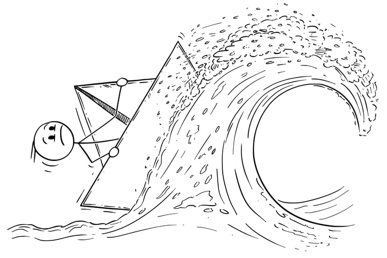 Dessin stickman inquiet qui vogue sur une vague