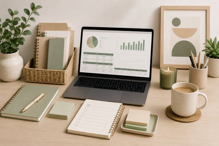 Calm workspace with laptop dashboard, planner pages, notebooks, and plants.