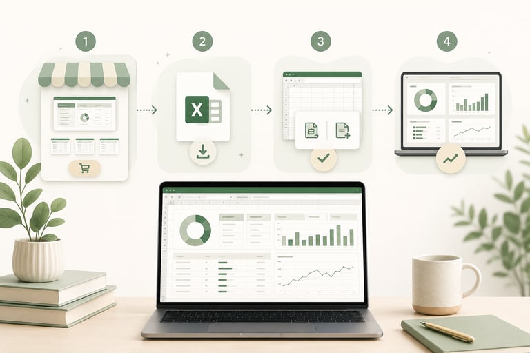 Four-step illustration showing how to choose, download, copy, and use an Excel template dashboard.