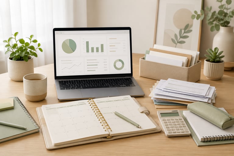 Budget planning workspace with laptop dashboard, calendar planner, calculator, papers, plants, and soft green stationery.