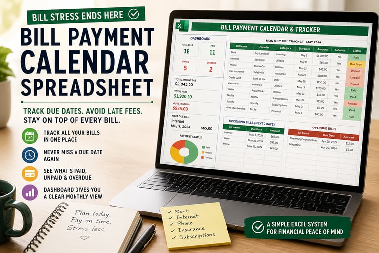 Excel bill payment calendar spreadsheet for tracking due dates, payment status, and monthly bills.