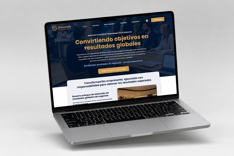 Un portátil plateado que muestra la página web de transformación empresarial de Outcomefy