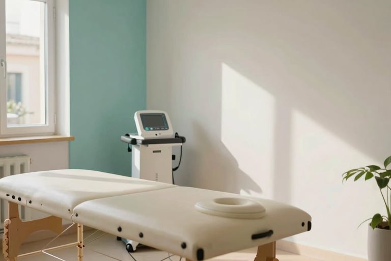 A professional and warm physiotherapy room in Mallorca with clean lines, natural light, and a Southern European aesthetic. A massage table is visible alongside modern therapy equipment in a space featuring pale aqua and off-white accents.