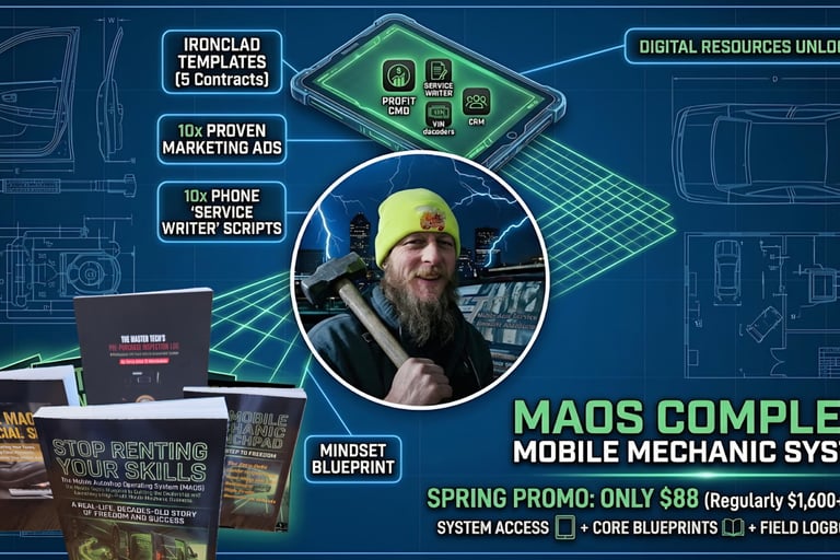 Complete Mobile Autoshop Operating System for Aspiring Mobile Mechanics to start their own mobile owner operated small busi