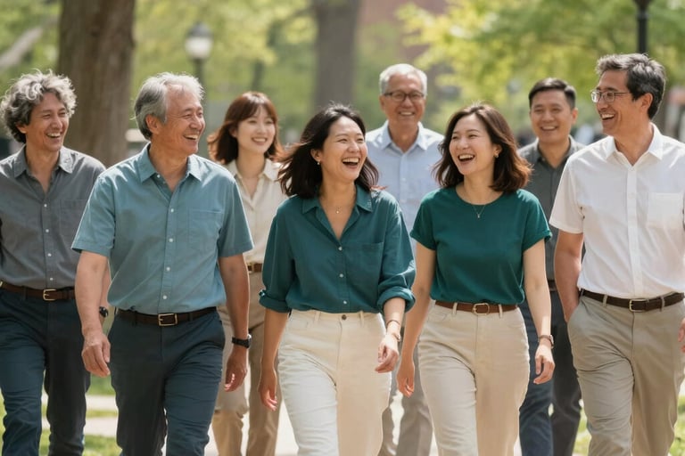A group of diverse individuals laughing and walking together through a sun-dappled Michigan park in late spring. They are dressed in casual, modest clothing in shades of teal and off-white. Professional, candid photography with a sense of community. North American / Michigan US.