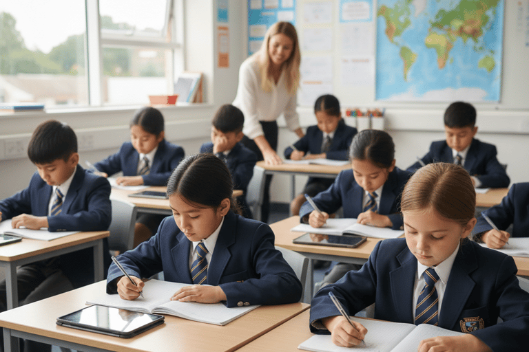 Students wearing school uniforms focusing on classroom studies