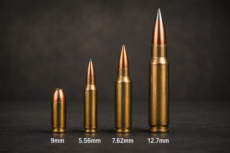 Comparison of 9mm, 5.56mm, 7.62mm and 12.7mm ammunition cartridges
