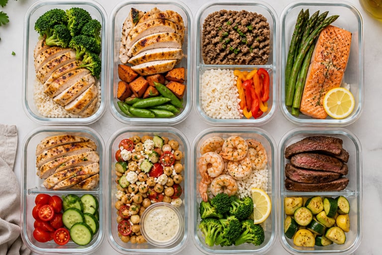 high protein meal prep containers with chicken, rice and vegetables for weekly meal prep