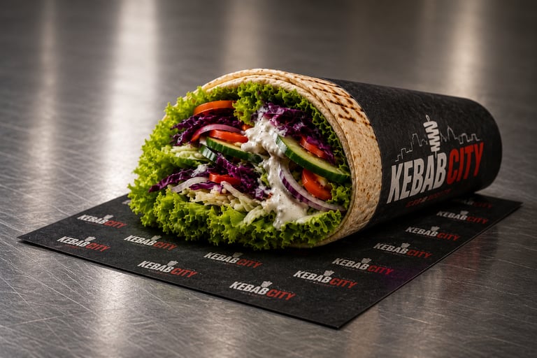 Fresh doner kebab wrap with lettuce, vegetables, and sauce from Kebab City.