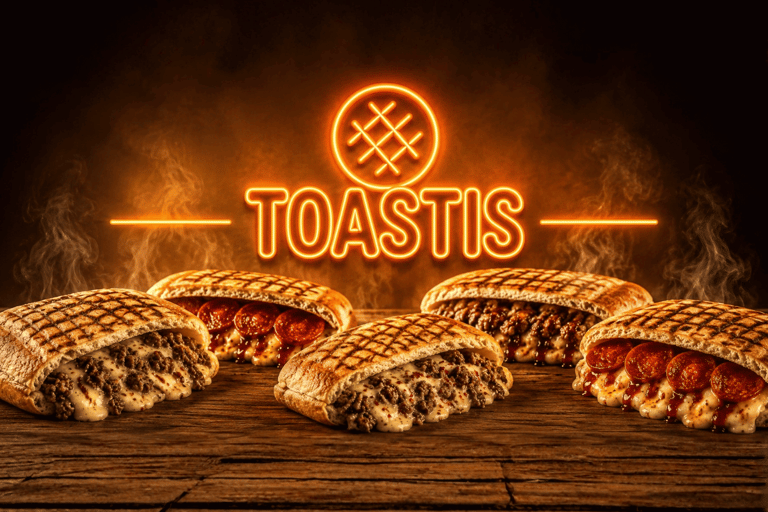 Delicious toasted panini sandwiches with melted cheese and beef under a glowing Toastis neon sign.