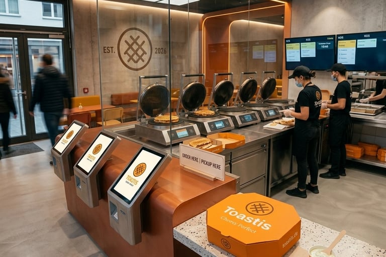 Modern fast food restaurant interior with self-service kiosks and staff preparing grilled sandwiches.