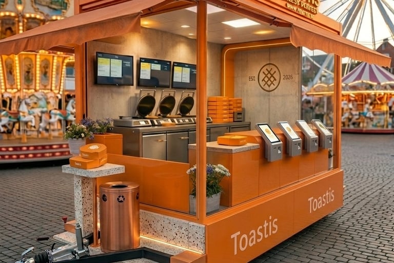Modern orange food trailer serving gourmet grilled cheese sandwiches at a fairground with a Ferris wheel.