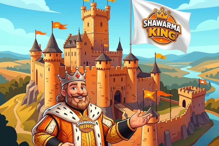 Cartoon Shawarma King standing in front of a medieval castle with a restaurant logo flag.