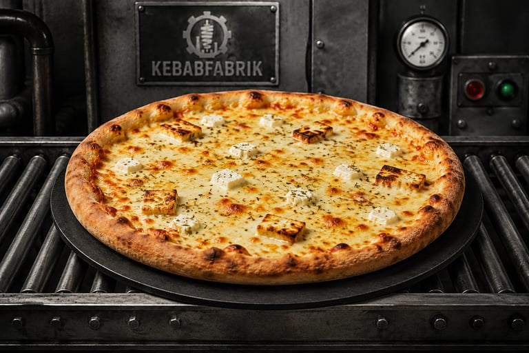 Freshly baked cheese pizza with feta and halloumi cubes on an industrial Kebabfabrik conveyor belt.