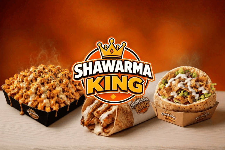 Shawarma King menu featuring chicken shawarma wraps, loaded fries, and pita sandwiches with garlic sauce.