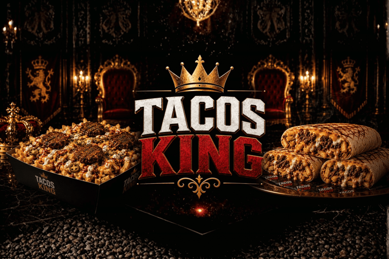 Tacos King gourmet loaded fries and stuffed burritos served in a luxury royal palace setting.