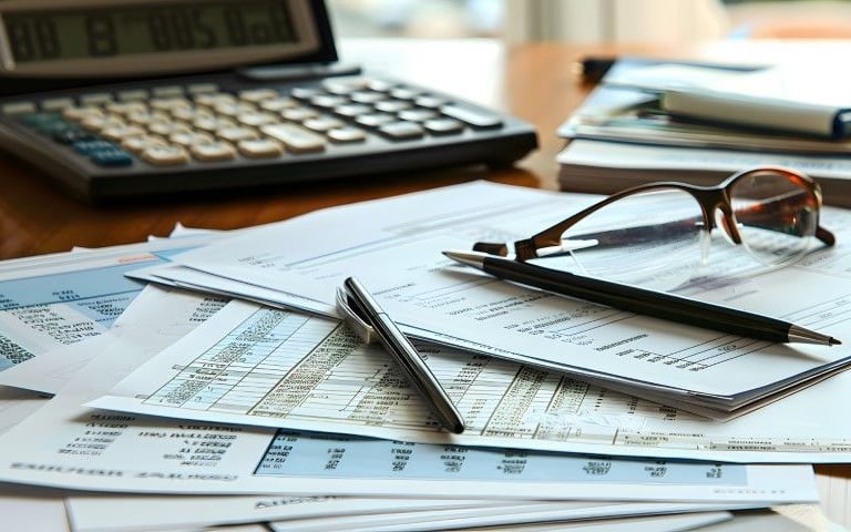 A calculator is sitting on a desk next to a pile of papers and a pair of glasses.