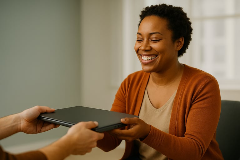 A smiling woman receives a refurbished laptop from Tech-Takeback Foundation