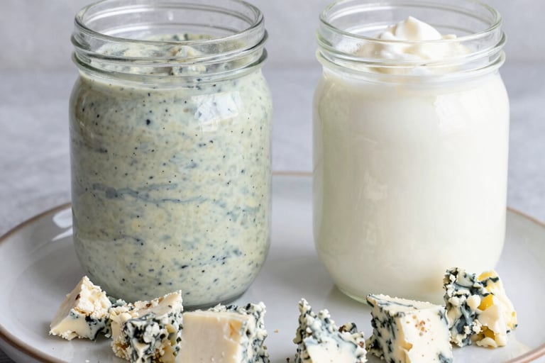 Blue cheese dressing and whole milk plain in yogurt in a jar with Gorgonzola cheese crumbles