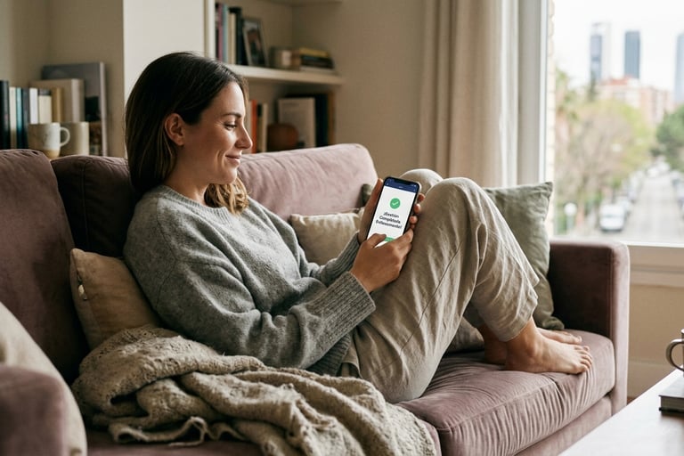 Persona relajada en el sofá gestionando documentos personales con su smartphone cómodamente.