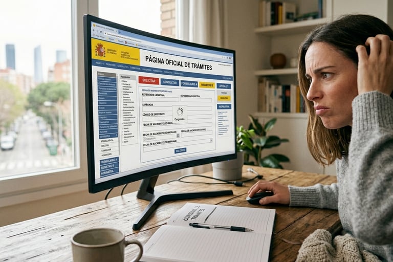 Usuario confundido frente a la pantalla del ordenador intentando realizar trámites en web oficial