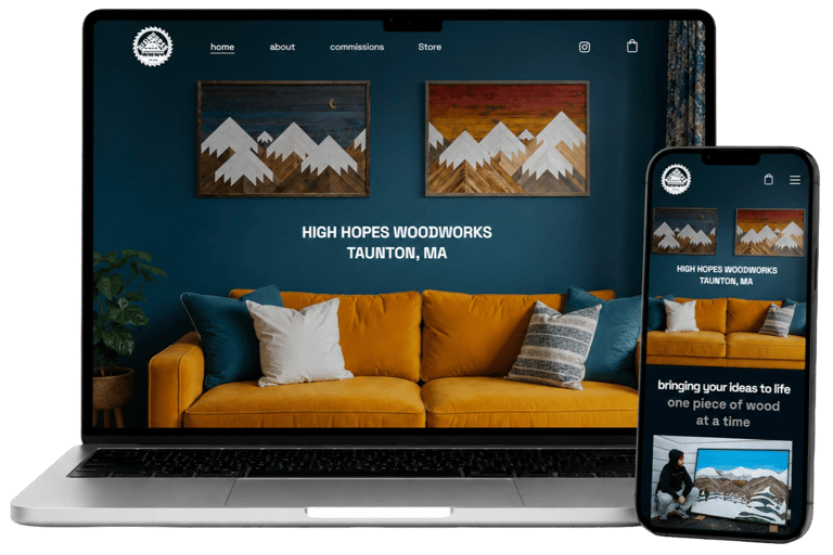 Custom wood mountain wall art by High Hopes Woodworks displayed on a laptop and mobile phone screen.
