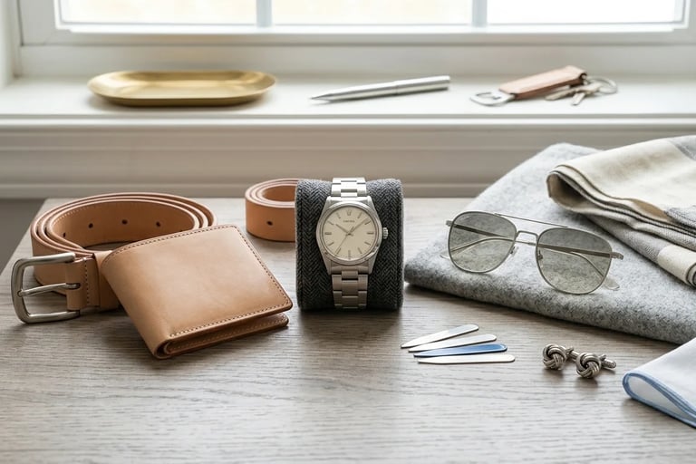 Men's fashion accessories including watches wallets and stylish add-ons