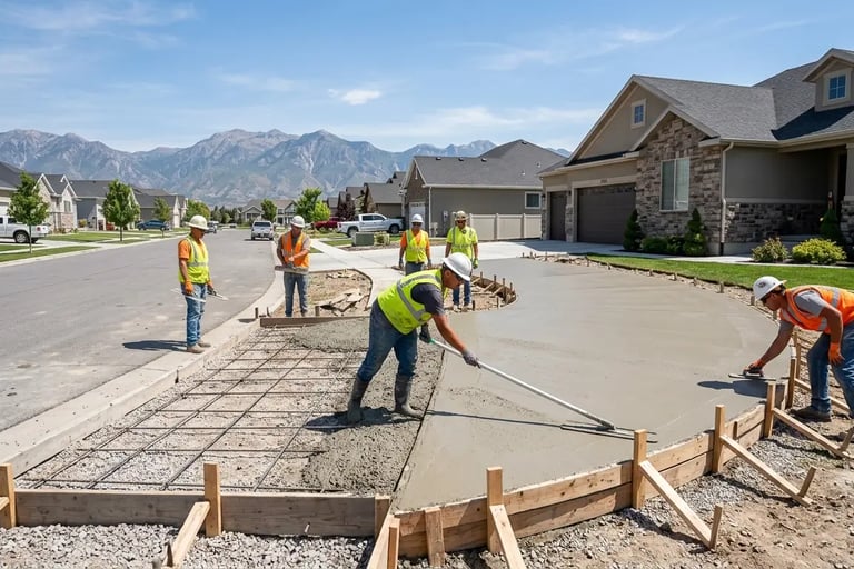 Concrete installation process - crew pouring and finishing a residential driveway in Utah.
