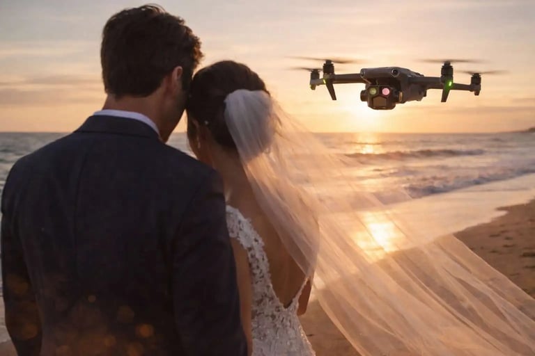 Drone DJI mavic 3 pro de Boxaphoto Events qui prends des photos et vidéos de jeunes mariés à la plage