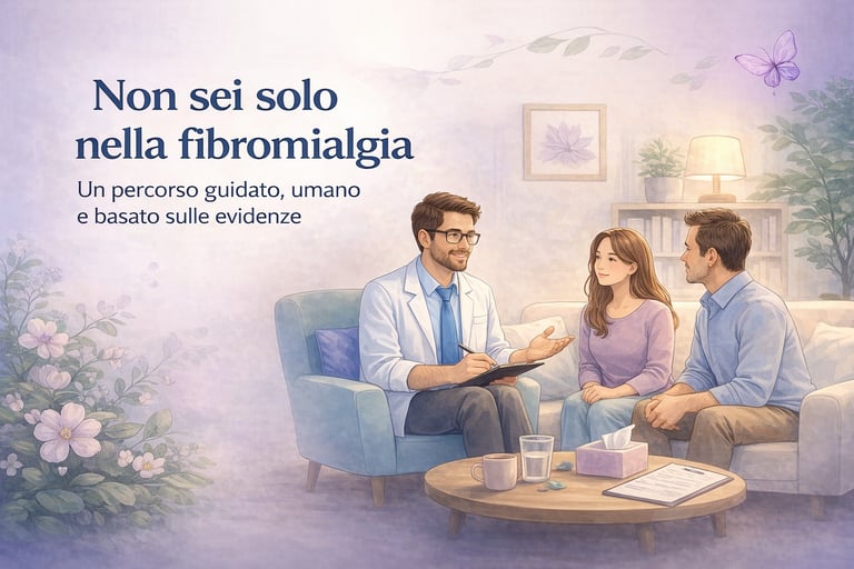 Fisioterapista che accompagna due pazienti fibromialgici in un percorso umano basato su evidenze