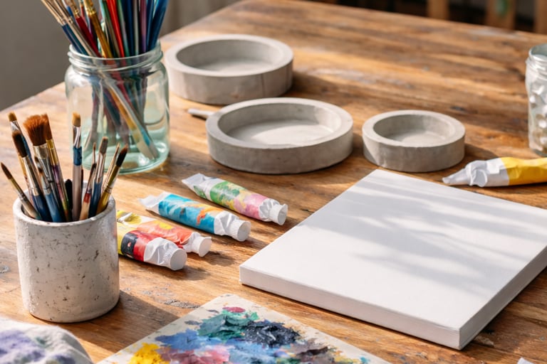  Estudio de artista preparado con pinceles, tubos de aceite y un lienzo en blanco sobre una mesa 