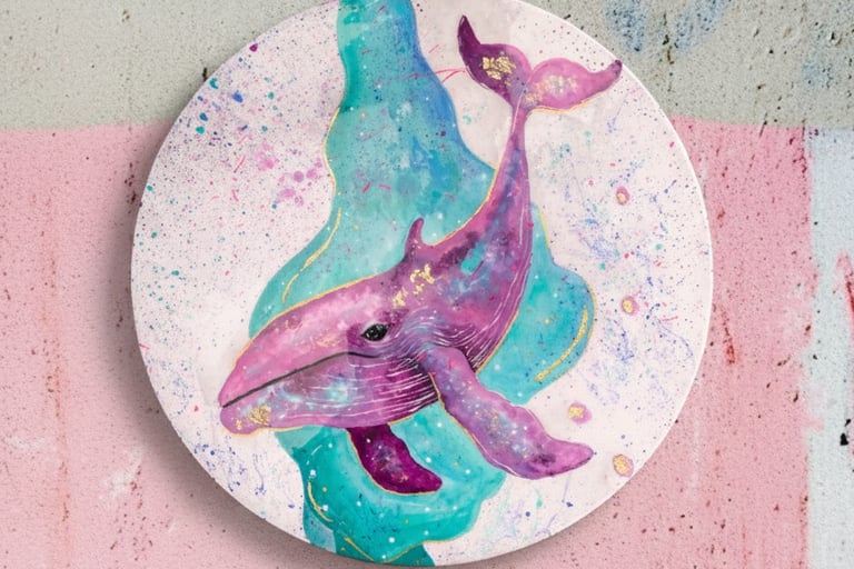 Pintura acrílica de ballena colorida sobre una base de cemento con forma redonda 