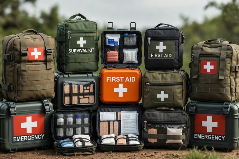 a group of emergency kits and medical supplies
