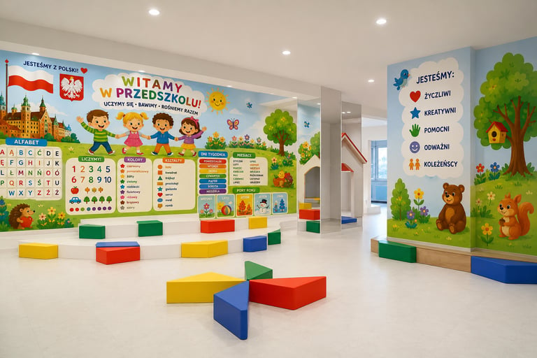 Kolorowy druk edukacyjny UV w przedszkolnej sali 