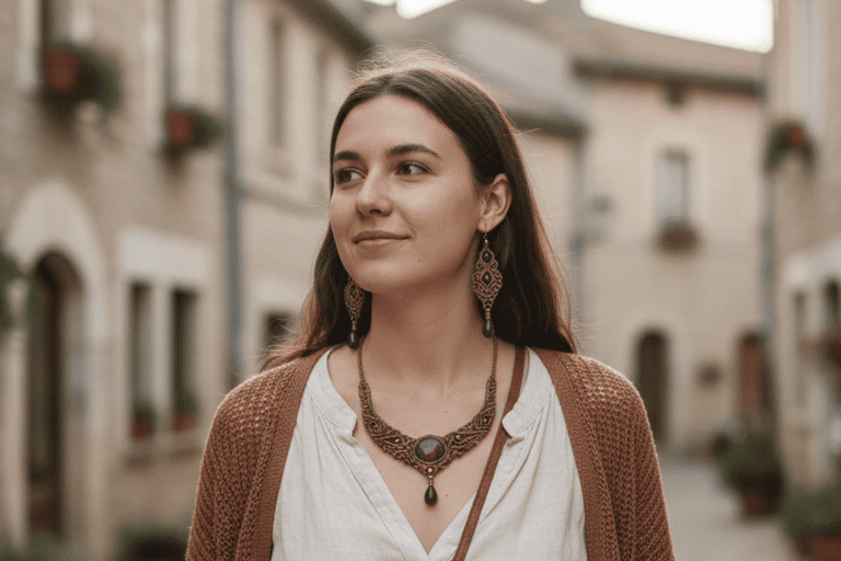 Mujer con joyas de macramé hechas a mano que incluyen un collar y aretes a juego.