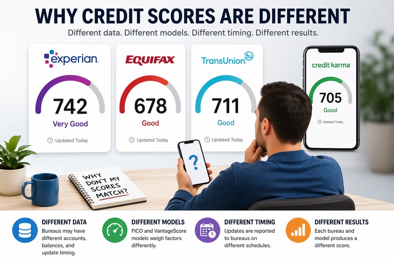 An infographic showing why credit scores differ between Experian, Equifax, and TransUnion bureaus.