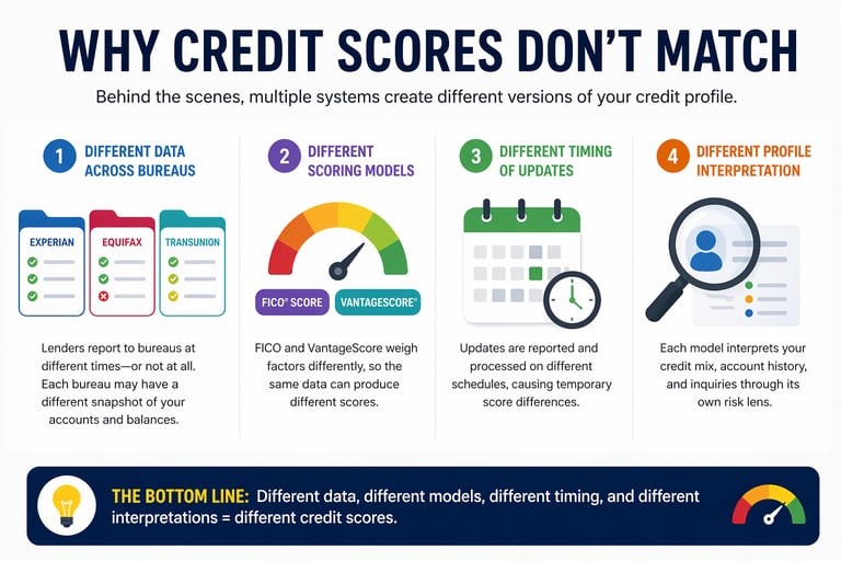 Infographic explaining why credit scores don't match, detailing FICO, VantageScore, and bureaus like Equifax.
