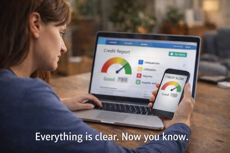 woman reviewing credit report on laptop and phone with blurred credit score showing clarity and fina