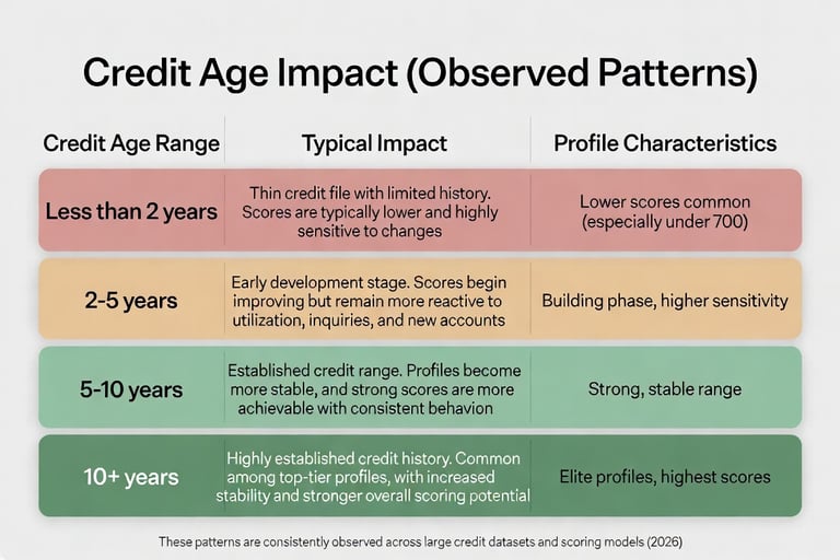 Infographic titled Credit Age Impact (Observed Patterns) showing how different credit age ranges aff