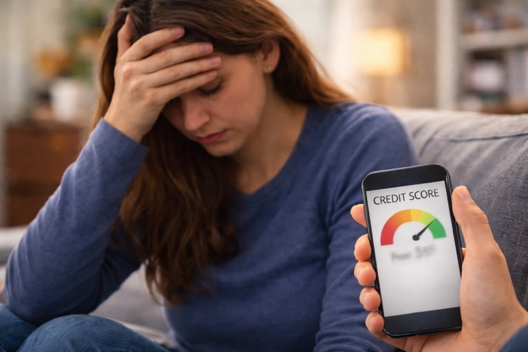 stressed woman looking down while holding her head with a smartphone displaying a blurred credit sco