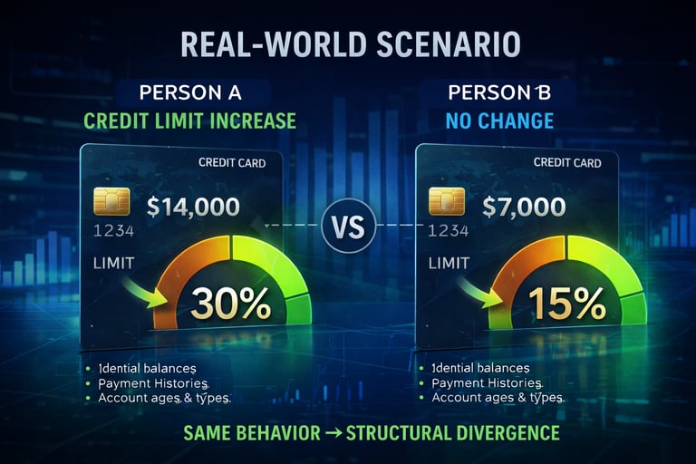 Once the lender reports the new limit and the bureaus process the update, the files diverge structur