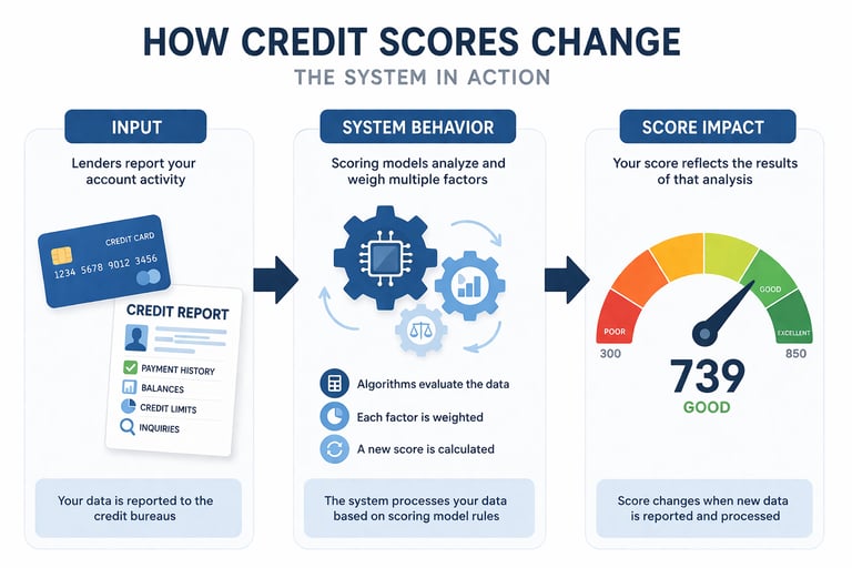 Credit score system diagram showing input, system behavior, and score impact explaining how credit s