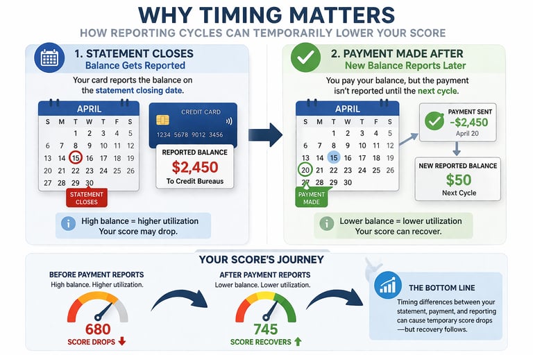 Credit card reporting timing example showing statement balance reported before payment causing tempo