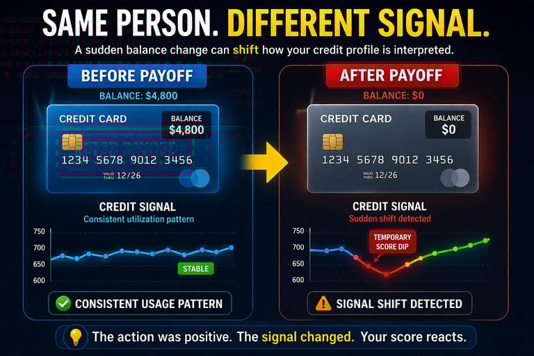 Before and after credit utilization comparison showing how paying off a credit card changes credit s