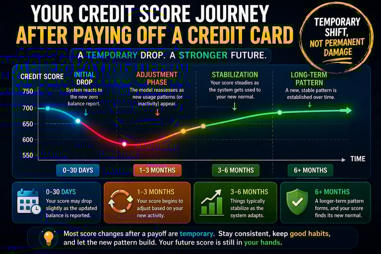 Credit score timeline showing temporary drop after paying off credit card followed by recovery and s