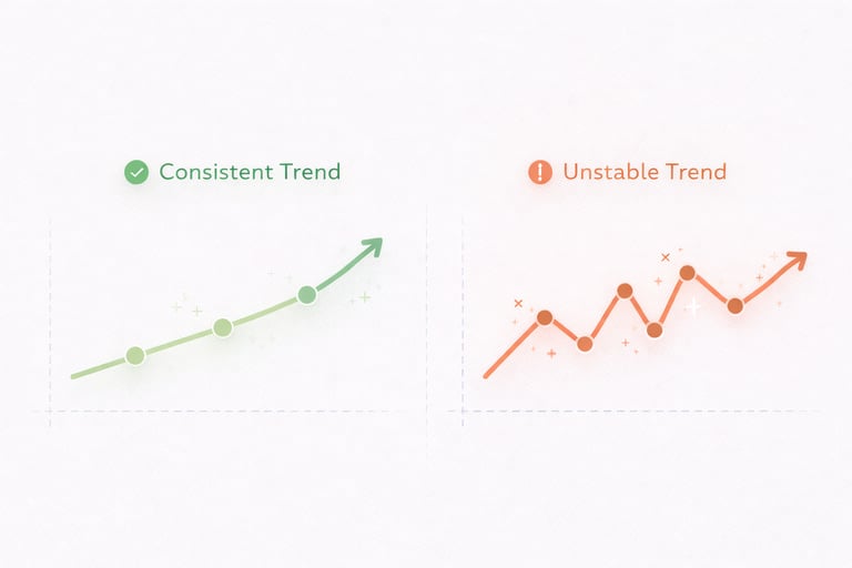 graph-style visual showing stable long-term payment behavior versus inconsistent payment patterns
