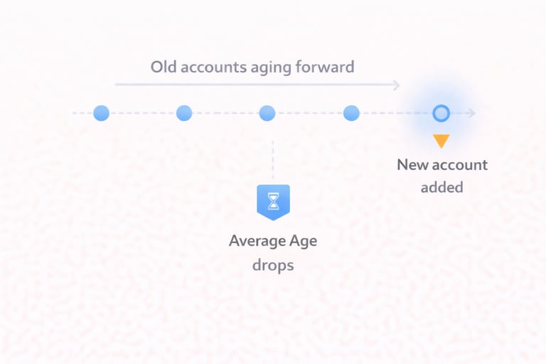 Timeline showing how adding a new account affects average credit age while older accounts continue a