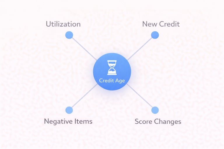 Hub and spoke diagram showing how credit age connects to utilization, new credit, negative items, an